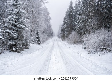 Long straight winter road in a forest