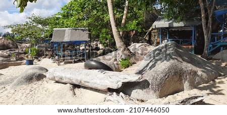a long stretch of white beach with large rocks, scattered with large beautiful stones, called Trikora Beach