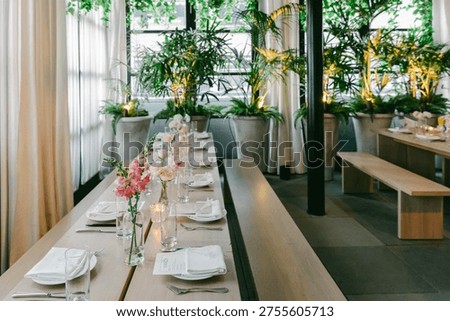 A long table is arranged for dining with white napkins and glasses. Flowers are placed in small vases. Green plants decorate the background, creating a vibrant scene for guests.