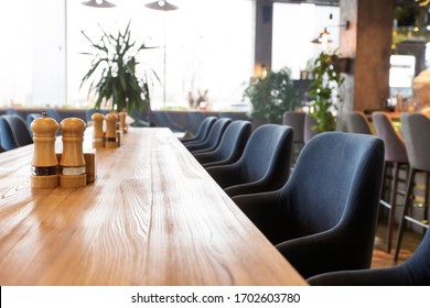 Long Table In Cafe For Coworking, Empty Interior, No People, Copy Space