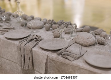 Long Table Set With Completely Grey Colour, No People.