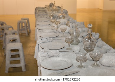 Long Table Set With Completely Grey Colour, No People.