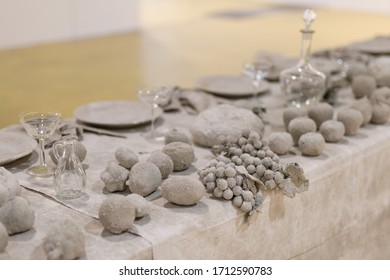 Long Table Set With Completely Grey Colour, No People.