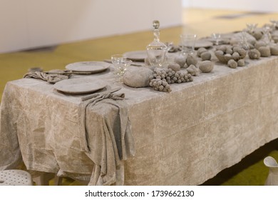 Long Table Set With Completely Grey Colour, No People.