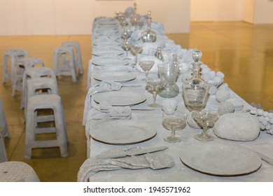 Long Table Set With Completely Grey Colour, No People.