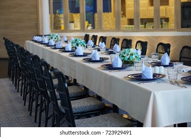 Long Table Set Up For Special Dinner Party, Wedding Ceremony