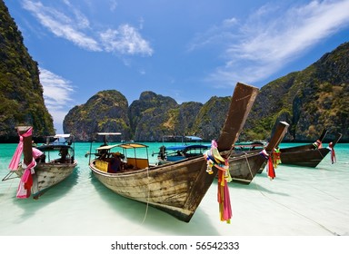 Long Tail Boat At Maya Bay, Phi Phi Island , Phuket Thailand