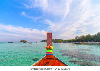 Long tail boat on tropical island in thailand
