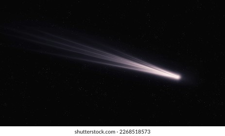 Long tail of a comet glows in space. Shooting star. Real comet in the starry sky. The flight of a celestial body near the Earth.
