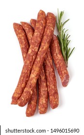 Long thin dry sausages, isolated on white background.