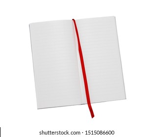 Long, Thin, Lined Notebook Background With Red Fabric Bookmark. New Page, New Leaf Concept. Isolated On White Background.