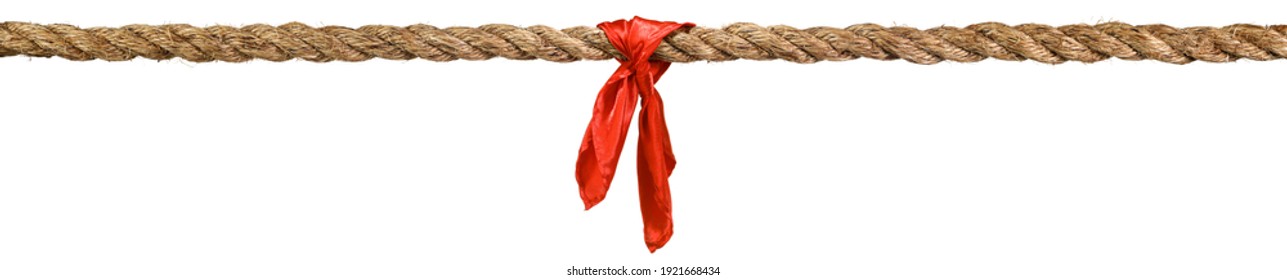 Long tug of war rope pulled tight, with red ribbon tie. Concept of conflict, competition, or rivalry. Isolated on white. - Shutterstock ID 1921668434