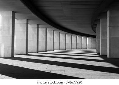 Long tunnel with columns in black and white