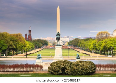 The long view of the National Mall from the US Capitol Building toward the Ulysses S Grant Memorial and  the Washington Monument in the District of Columbia.