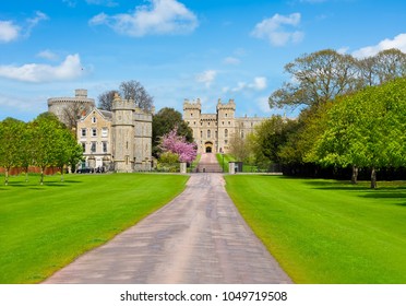 Long walk alley to Windsor castle in spring, London suburbs, UK