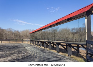 Long Wall Of Mirrors At An Outdoor Dressage Ring, Winter, Horizontal Aspect