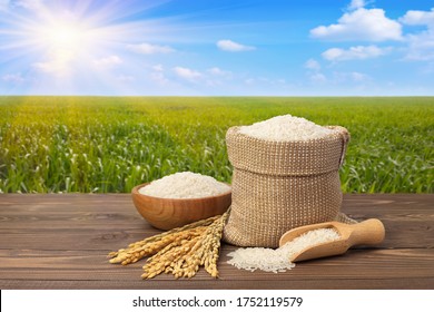 long white rice in burlap sack and wooden bowl with ears on table against the green agricultural field