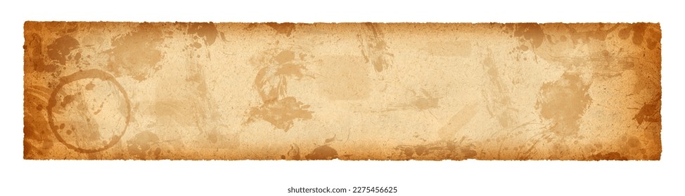 Long wide panoramic background texture, sheet of grunge paper. Old scroll banner isolated on white background.