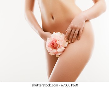 Long Woman Legs With Beautiful Smooth Skin. Closeup Of Female Hand Touching Perfect Hairless Soft And Silky Skin. Hair Removal And Epilation, Beauty Body Care Concepts