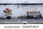 Long wooden chairs with white walls as a background, public facilities around the Surakarta palace area, Seating chair outdoor palace area.