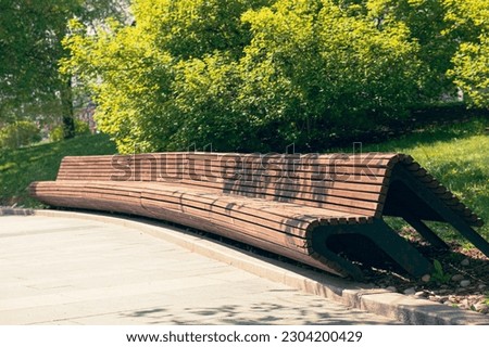 Long wooden curved bench in a city park under the branches of green trees. Empty bench in the city park.