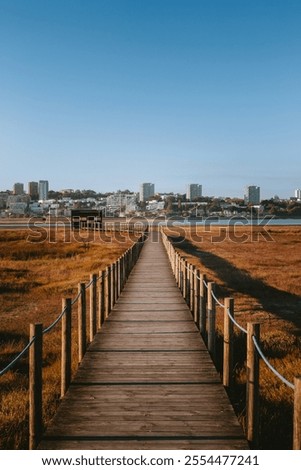 Similar – Image, Stock Photo Long wooden footbridge with an empty park bench at dusk