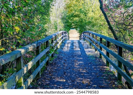 Similar – Image, Stock Photo Long wooden footbridge with an empty park bench at dusk