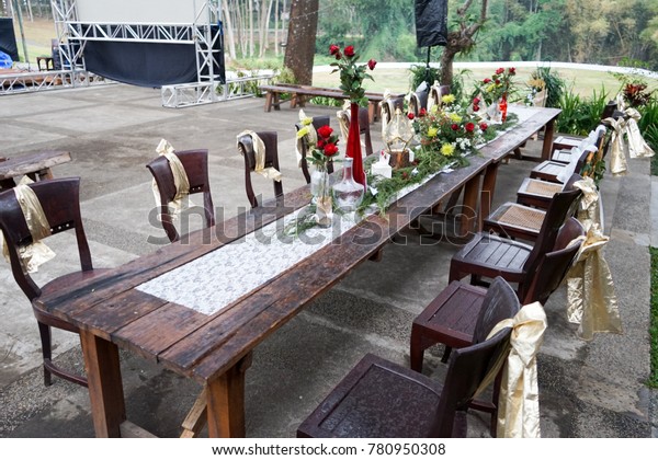 Long Wooden Tables Decorative Garden Row Stock Image Download Now