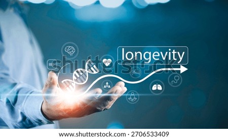 Longevity Concept with Hand Touching Digital Health Icons, Wellness, Medical Care, DNA, and Healthy Aging Technology,