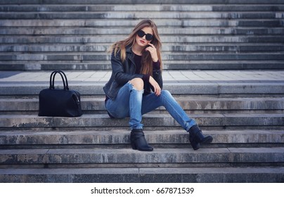 Longhaired Skinny Woman Black Sunglasses Sitting Stock Photo 667871539 ...