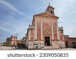 Longiano, Forli Cesena, Emilia Romagna, Italy: the parish church and the sanctuary of the Holy Crucifix on background in the old town of the ancient Italian town

