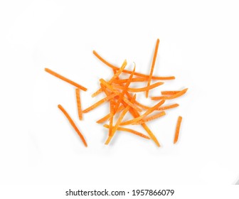 Longitudinally And Thinly Chopped Carrots Isolated On White Background.