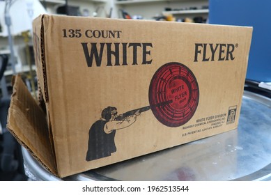 Longmont, CO USA - April 17, 2021: Cardboard Box Of White Flyer Brand Clay Pigeons For Trap Shooting. Fragile As Eggs And Biodegradable.                               