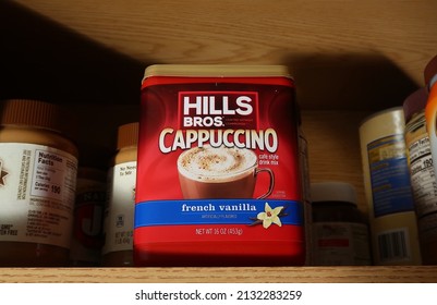 Longmont, CO USA - February 23, 2022: Hills Bros Cappuccino Mix. French Vanilla Flavor. Instant Coffee Drink Powder In The Cabinet Of A Home Kitchen