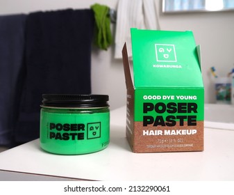 Longmont, CO USA - February 27, 2022: Poser Paste Temporary Hair Dye. Green Paste Hair Makeup In A Small Jar With Box.