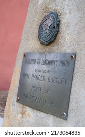 Longmont, CO USA - June 23, 2022: US American Legion Emblem Displayed On A Concrete Flag Pole Base.