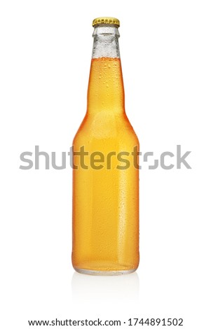 Longneck Beer bottle isolated on white background. Transparent, without label, water drops.