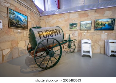 Longreach, Queensland, Australia - Sep 9, 2021: Old Vintage Furphy Beer Barrel Trolley