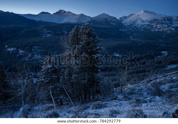 Longs Peak on a cold morning in the snow.\
 Bierstadt Lake Trail, Estes Park,\
Colorado.