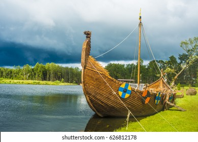 Longship - A Viking Longboat Sails To New Shores For Trading And Companionship. Drakkar Boat. Viking Transport Ship.