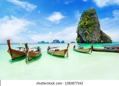 Longtale Boat On The White Beach At Phuket, Thailand.