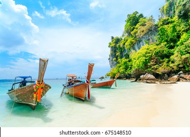 Longtale Boat On The White Beach At Phuket, Thailand. Phuket Is A Popular Destination Famous For Its Beaches.