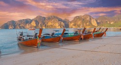 Longtale Boats At The Beautiful Beach Thailand Early Morning At Dawn Beautiful Sky Clouds Over Sharks In The Ocean.