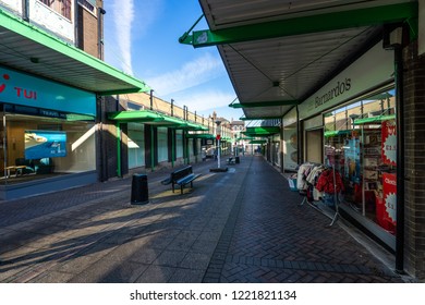 Longton, Stoke On Trent, Staffordshire - 2nd November 2018 - Barnardo's Charity Shop In A Desolate Shopping Centre, Virtually The Only Shop Left, Poverty, High Street Decline, Empty Shops