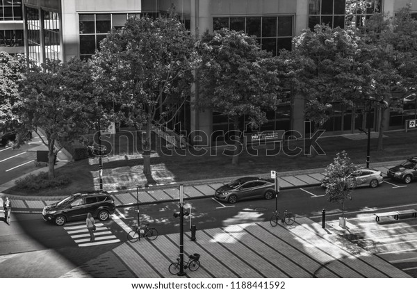 Longueuil, QC, Canada - 24-09-2018 Lunch\
hour - urban scene with glass building, pedestrians, bikes, bench,\
cars, trees in Summer. Black &\
White