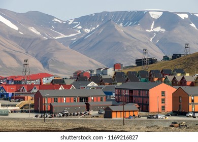 Longyearbyen, Svalbard, Norway - August 13th, 2018: Colorful Wooden Houses Along The Road In Summer.