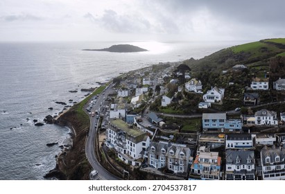 Looe harbour view from the air cornwall uk 