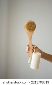 Loofah And A Body Brush In A Woman's Hand. Concern For The Environment. Free Space.