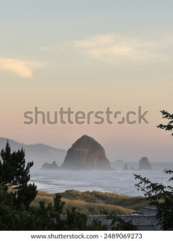 A look at Haystack Rock during sunset