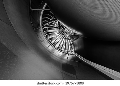 A look at the inside of a jet engine. black and white edit